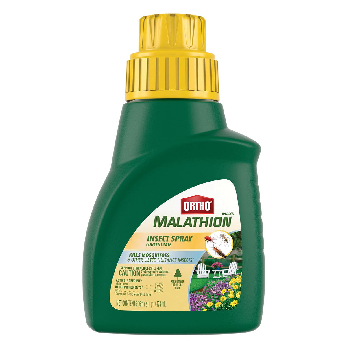 Ortho MAX Malathion bottle for outdoor garden pest control.
