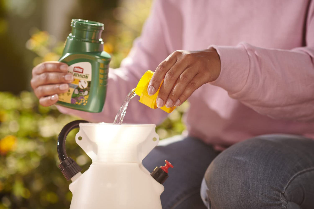 Spraying mist from Ortho MAX Malathion demonstrates even coverage.
