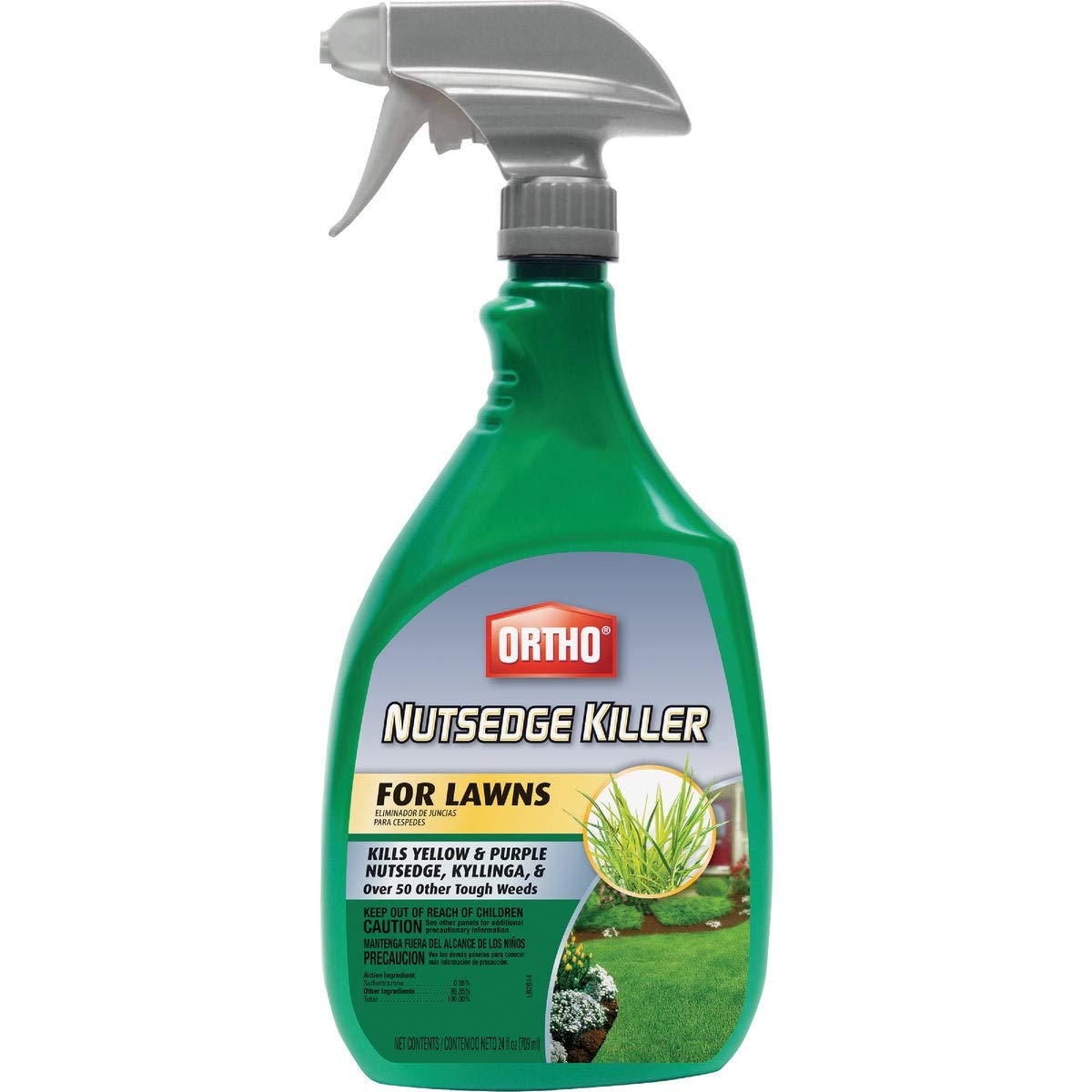 Ortho Nutsedge Killer bottle applying targeted weed control for lawns.