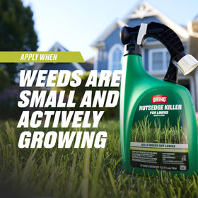Lawn illustration showing 5,000 sq ft coverage with Ortho Nutsedge Killer.
