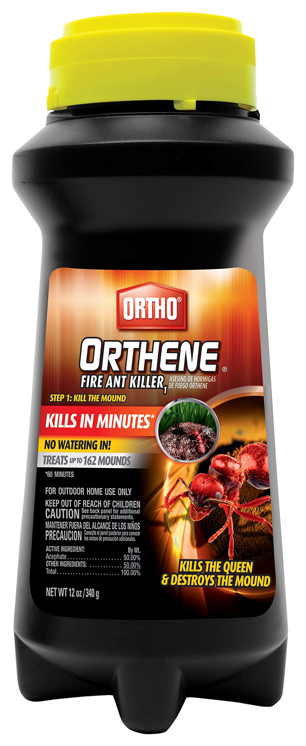 Ortho Orthene Fire Ant Killer bottle enables quick mound control with low odor.