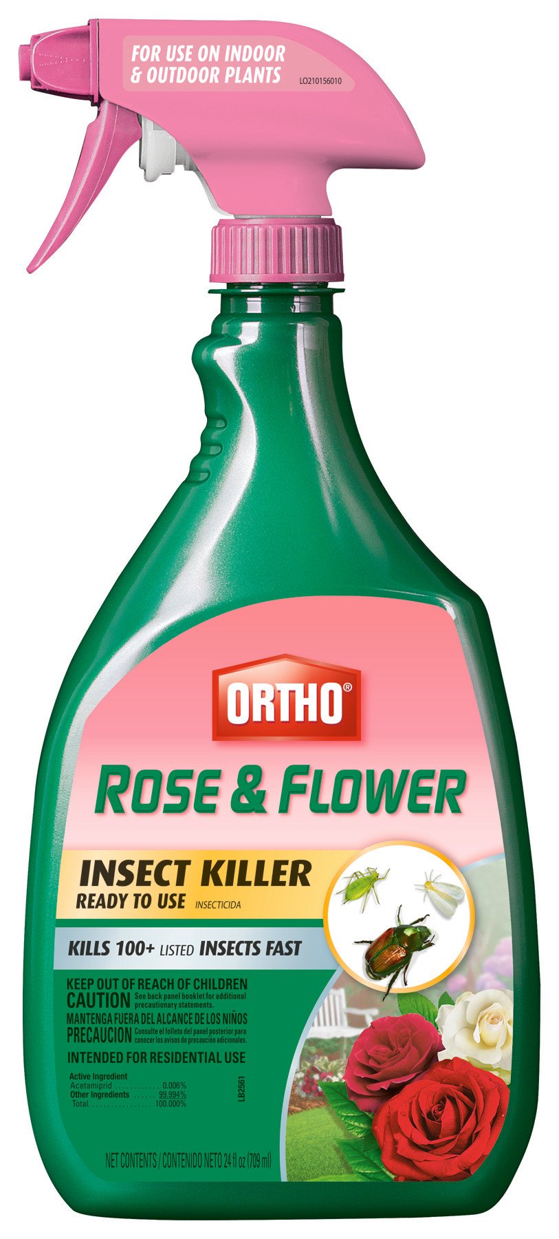 Ortho Rose and Flower Insect Killer bottle with adjustable nozzle for indoor and outdoor pest control.