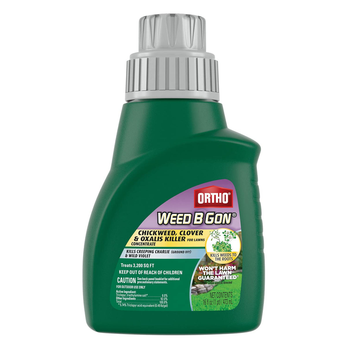 Ortho Weed B Gon bottle targeting chickweed, clover, and oxalis for healthier lawns
