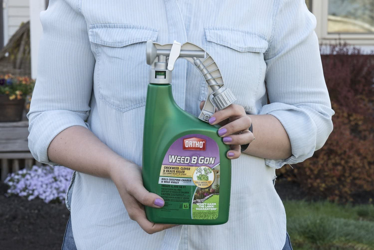Ortho Weed B Gon product label close-up showing 32 oz ready-to-spray formula