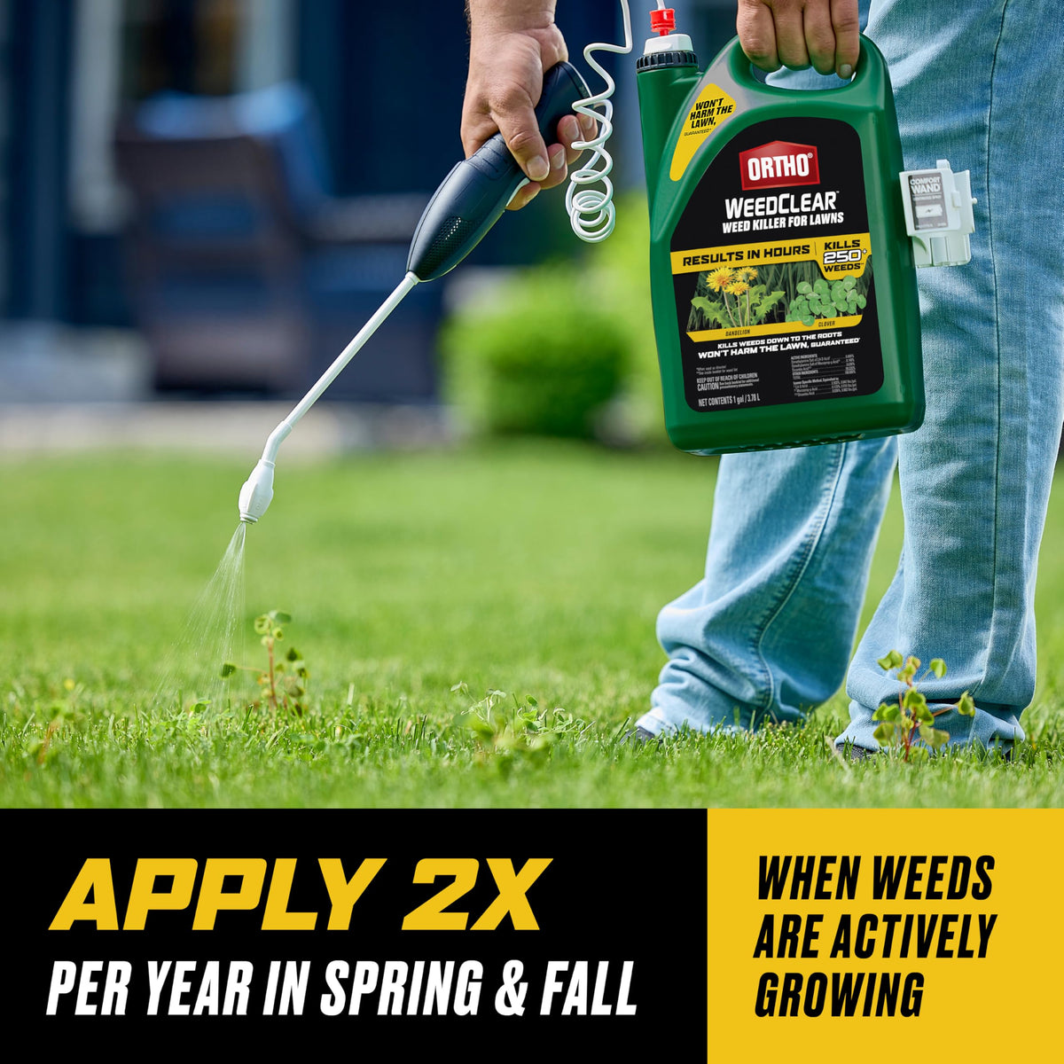 Ortho WeedClear targets clover and other weeds on a lawn.