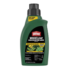 Ortho WeedClear lawn bottle closeup showing concentrated weed killer formula for lawns