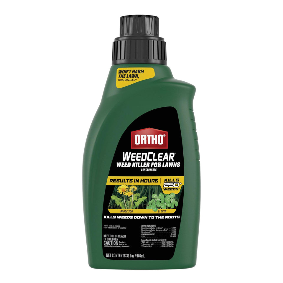 Ortho WeedClear lawn bottle closeup showing concentrated weed killer formula for lawns