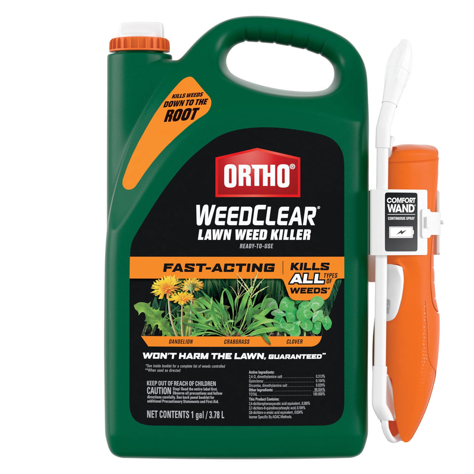Ortho WeedClear bottle with Comfort Wand enables targeted lawn weed control.