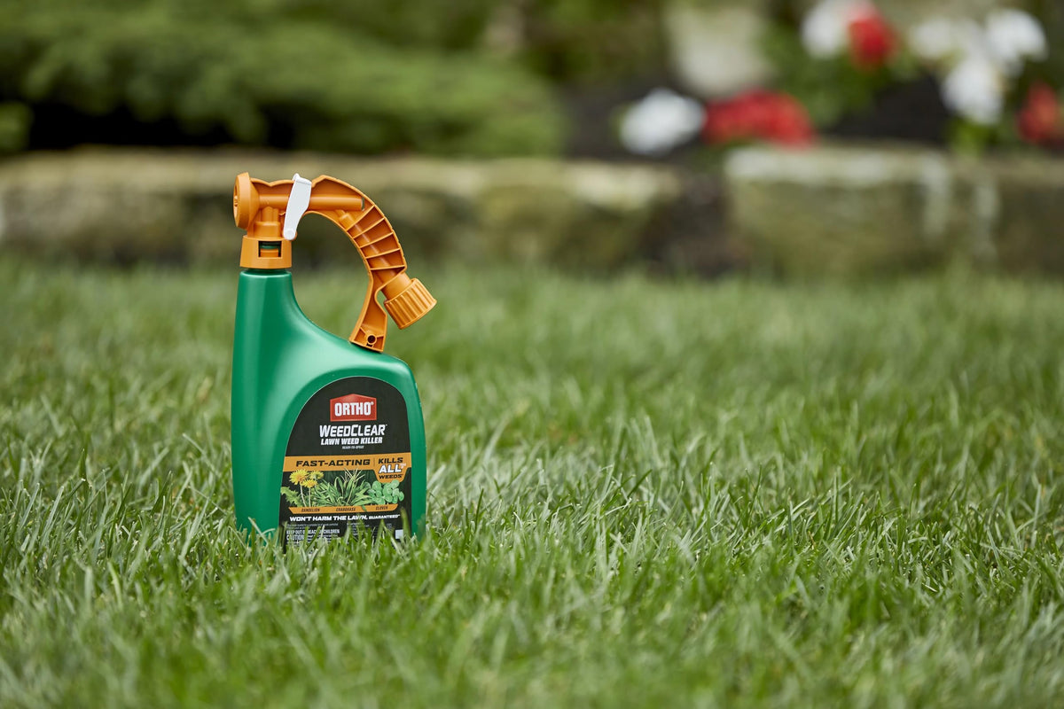Ortho WeedClear focusing on broadleaf weeds like clover and chickweed in lawns.