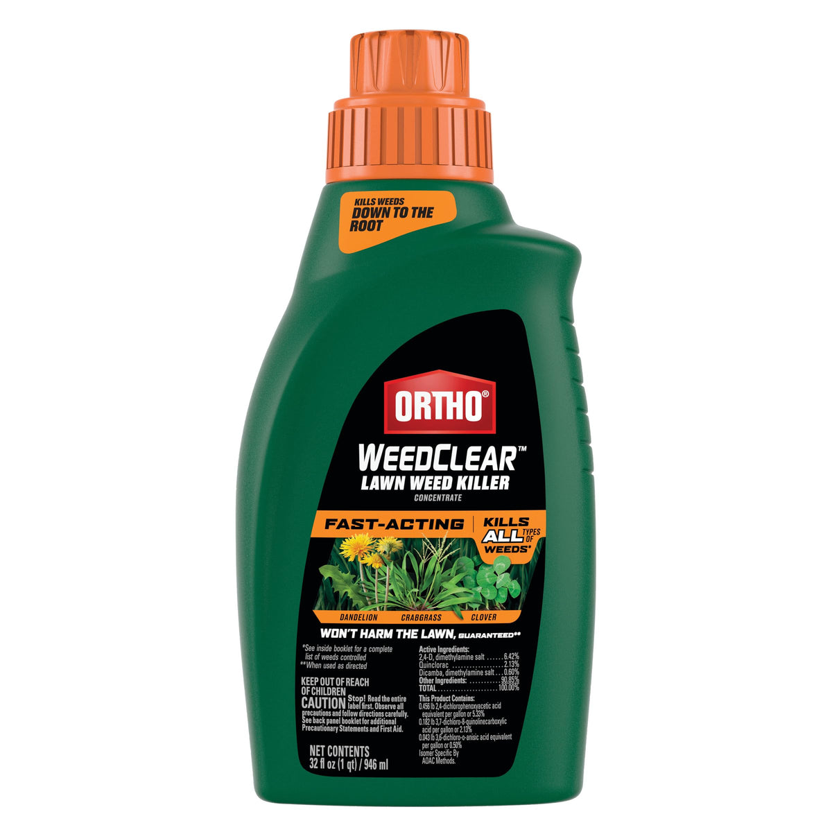 Ortho WeedClear bottle demonstrates concentrated formula for lawn weed control