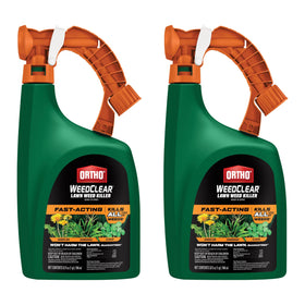 Ortho WeedClear ready-to-spray bottle demonstrates hose-end application for easy lawn weed control.