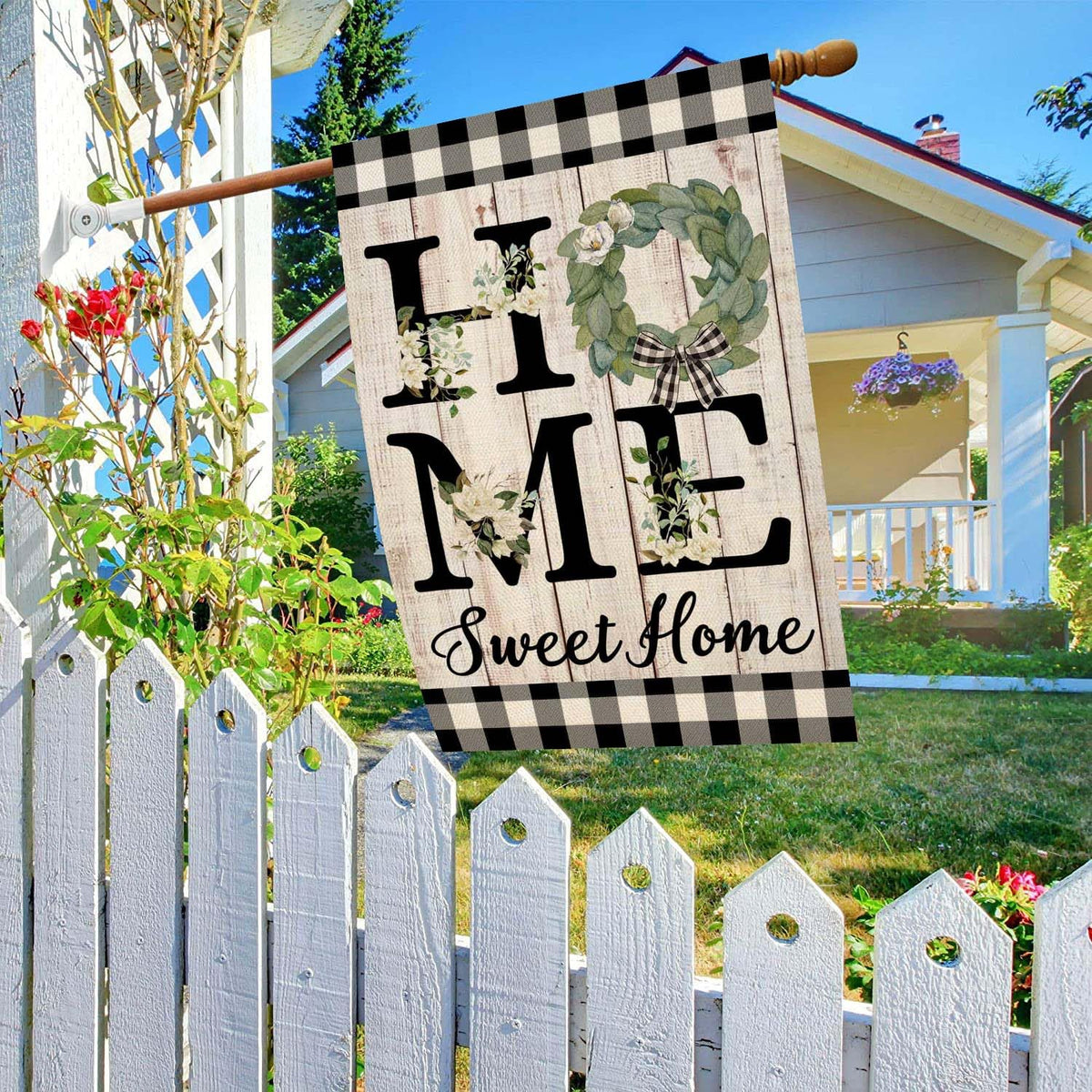 Ortiga 28x40 inch flag provides bold, welcoming outdoor styling.
