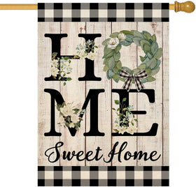 Ortiga Summer House flag in burlap, double-sided, vibrant magnolia and buffalo plaid.