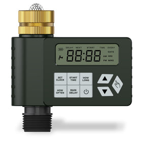 Ortis hose timer with LCD display showing schedule for easy watering control.