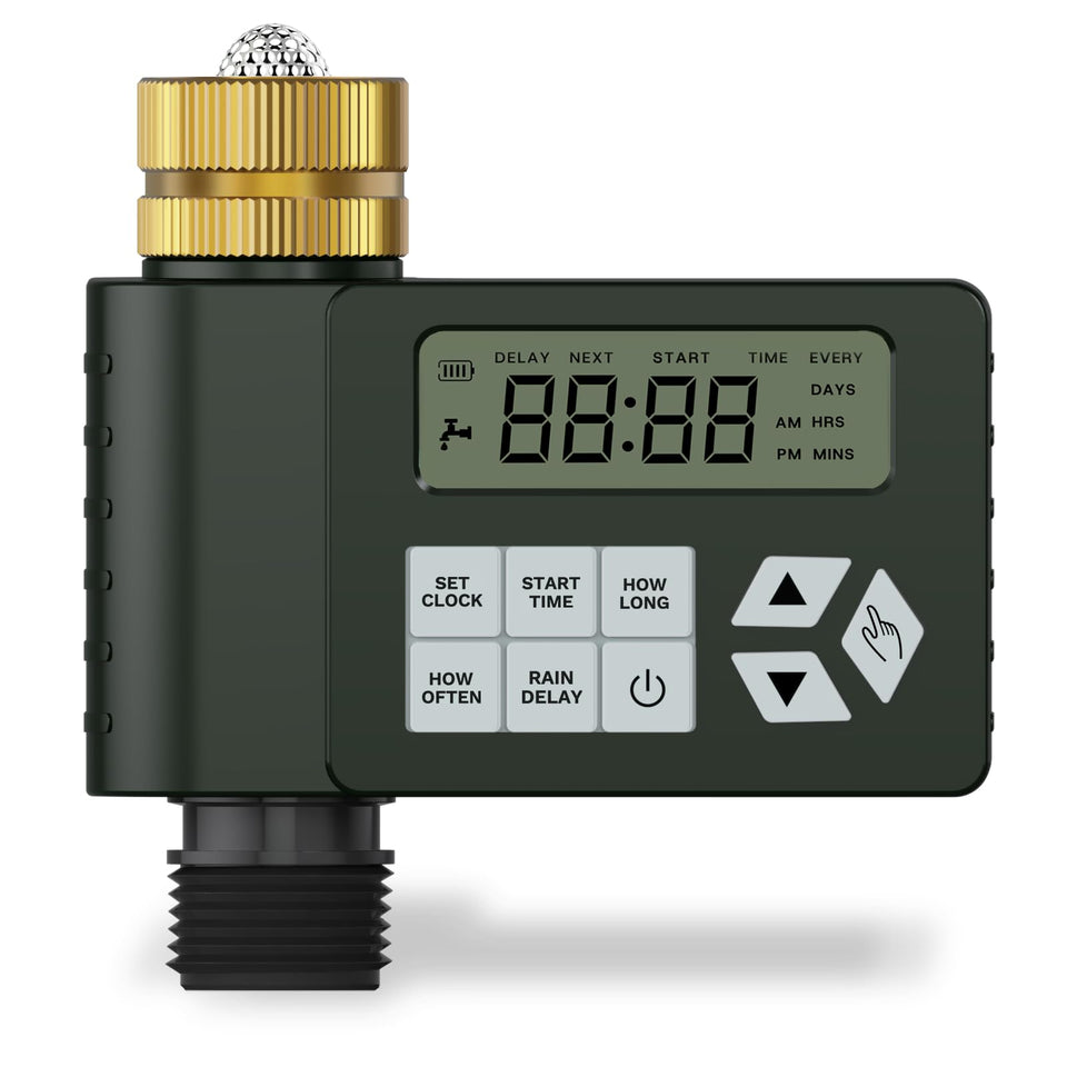Ortis hose timer with LCD display showing schedule for easy watering control.