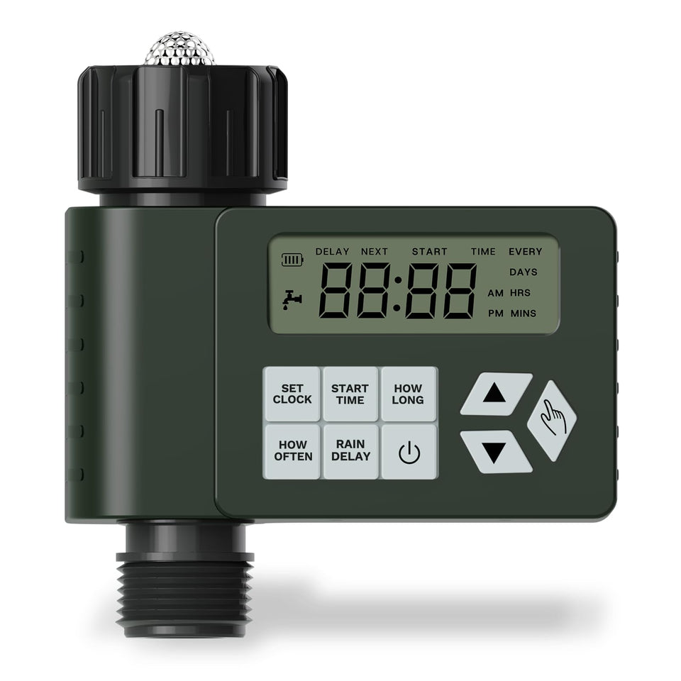 Ortis hose timer outdoor display showing quick scheduling for efficient irrigation.