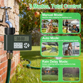 Ortis hose timer rain-delay mode helps conserve water during rainy days.