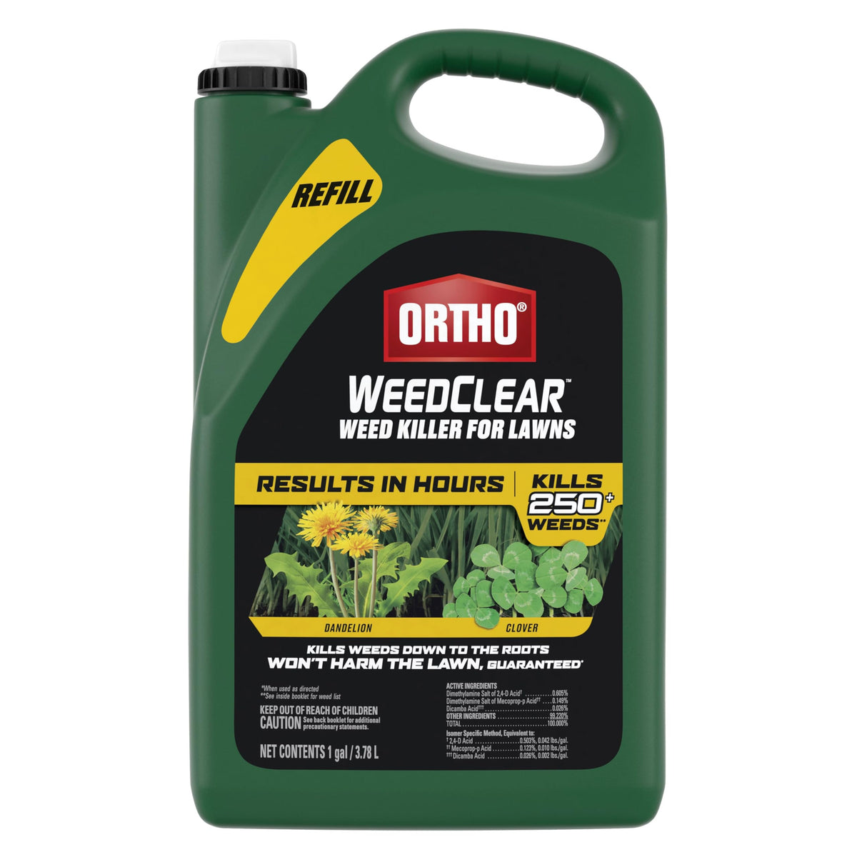 Ortho WeedClear refill bottle pouring for easy lawn weed control