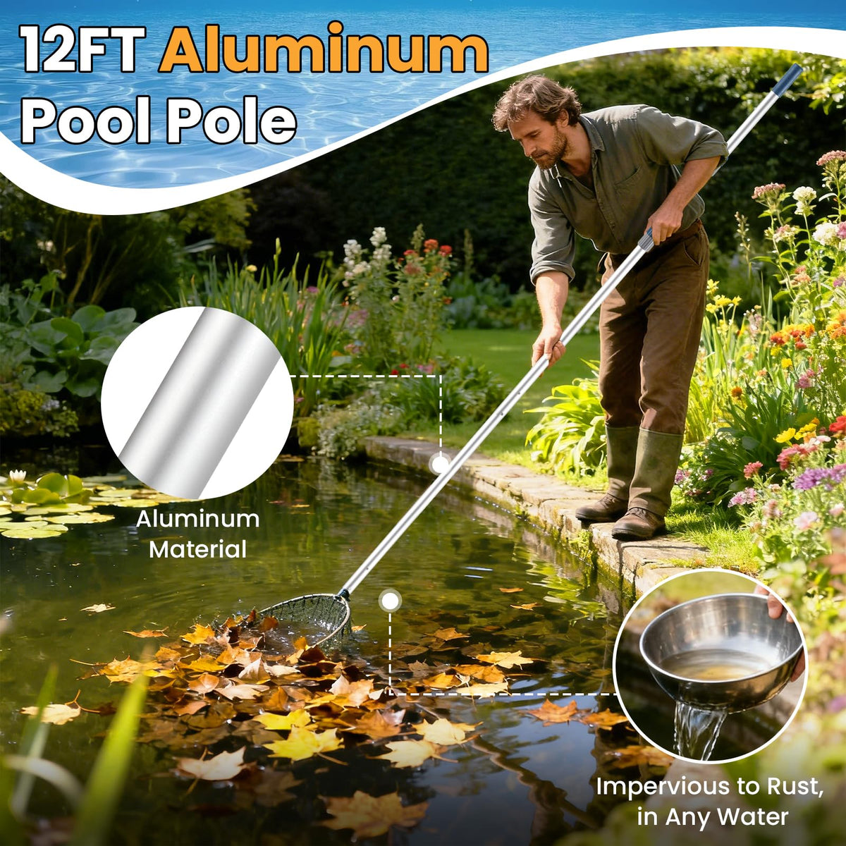 Orvella pool pole telescopic range adjusts length for pool depths