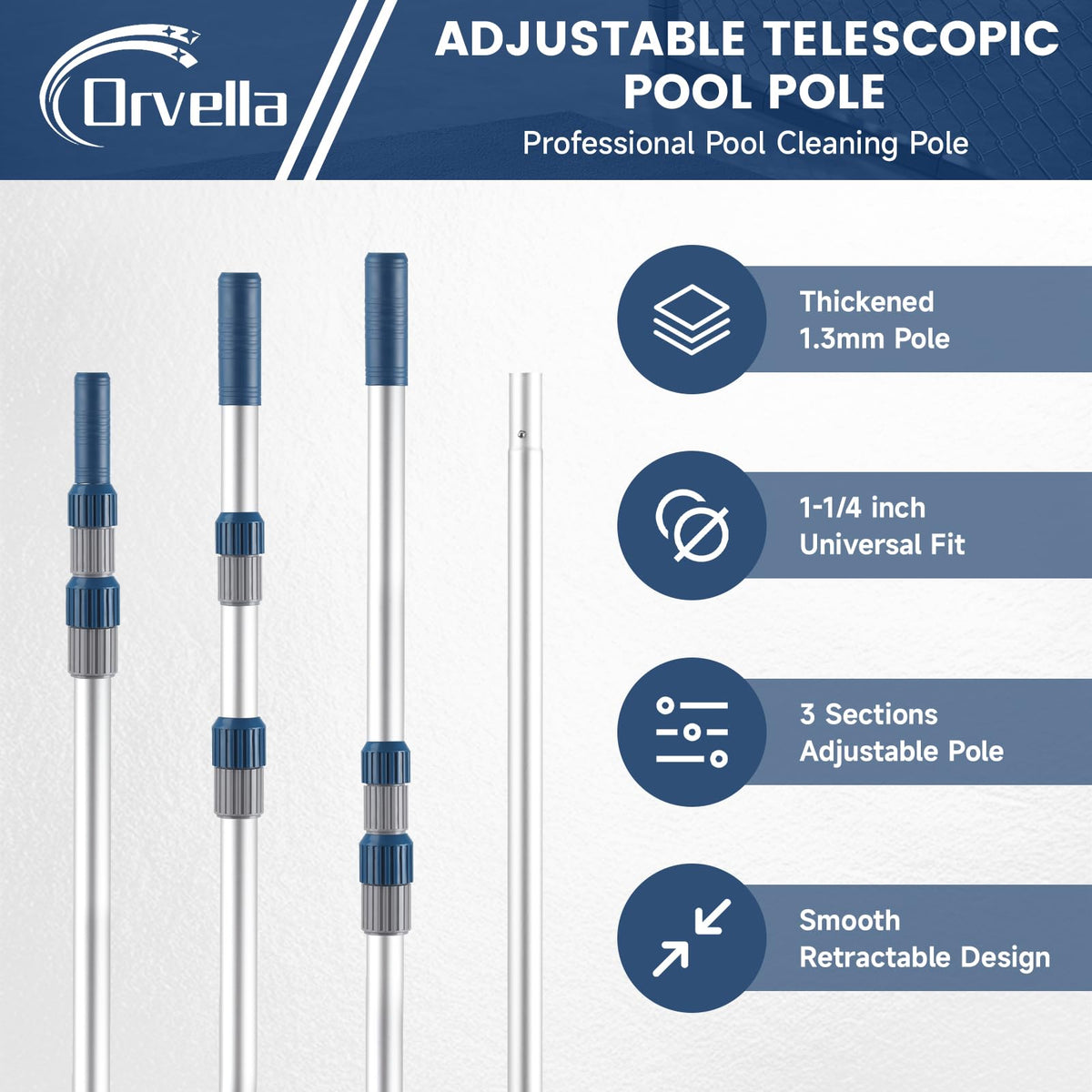 Orvella pool pole two piece design shown disassembled for storage