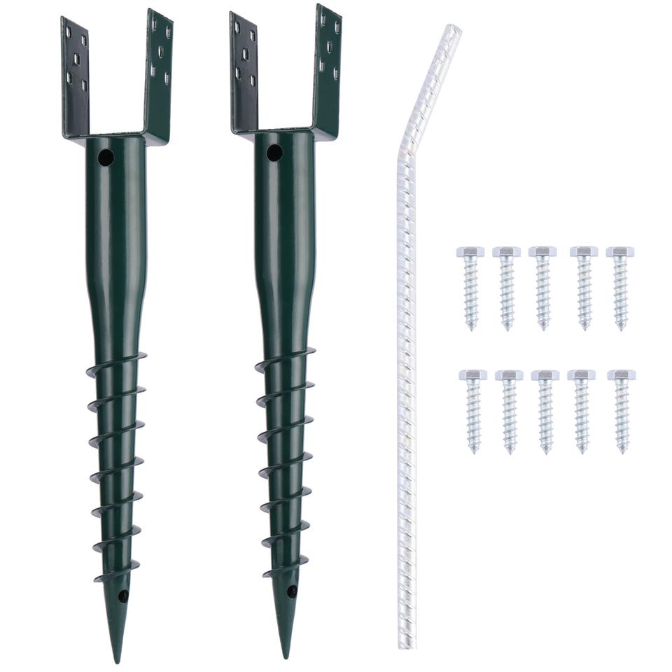 Oscorna 27-inch no-dig ground screw anchor spike securing a 4x4 post with easy installation