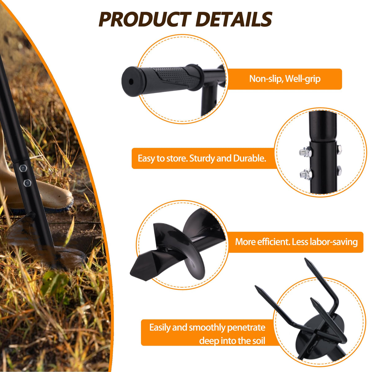 Oscorna extended-length 44.5-inch auger for upright digging.