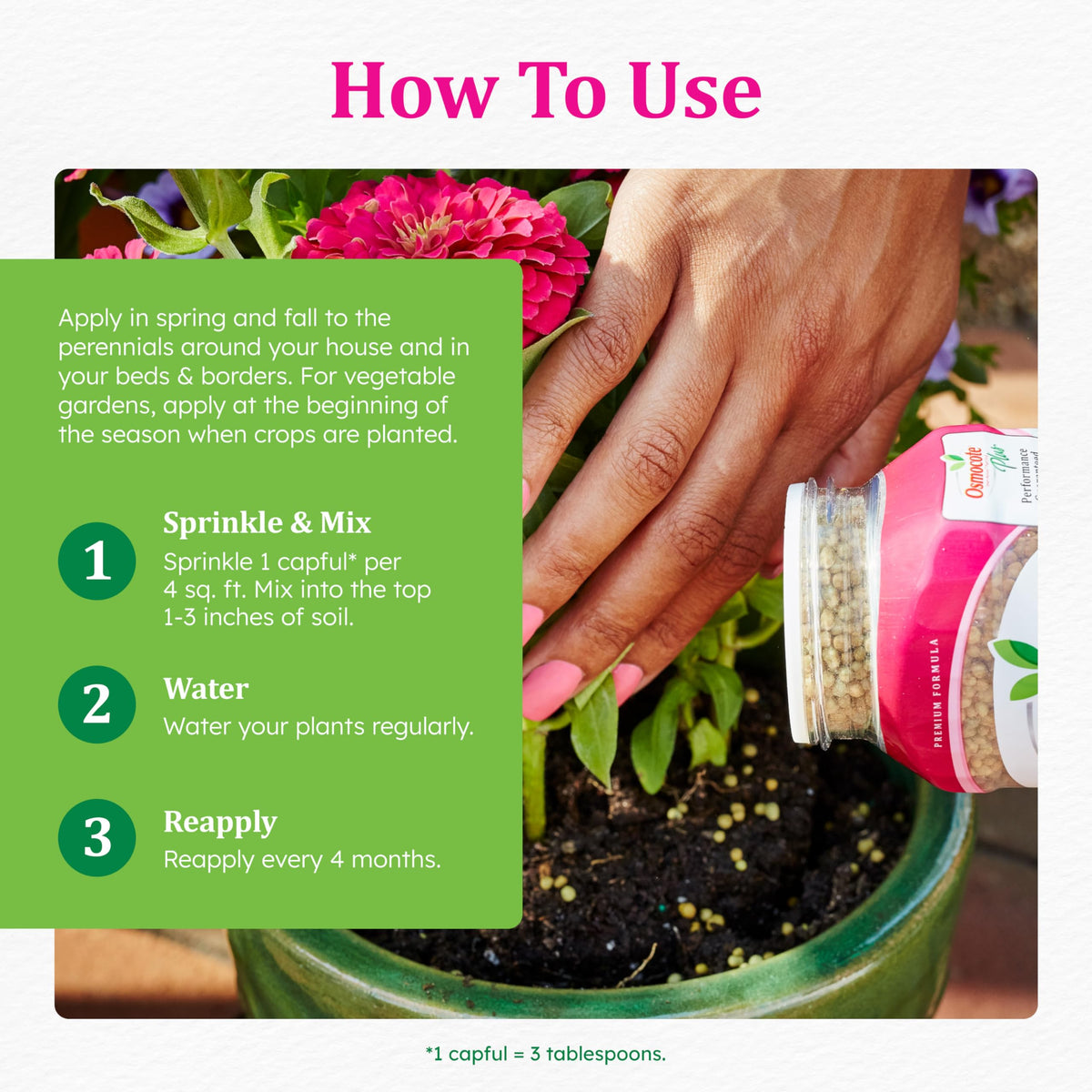 Osmocote indoor plants receive half the outdoor rate for safe feeding.