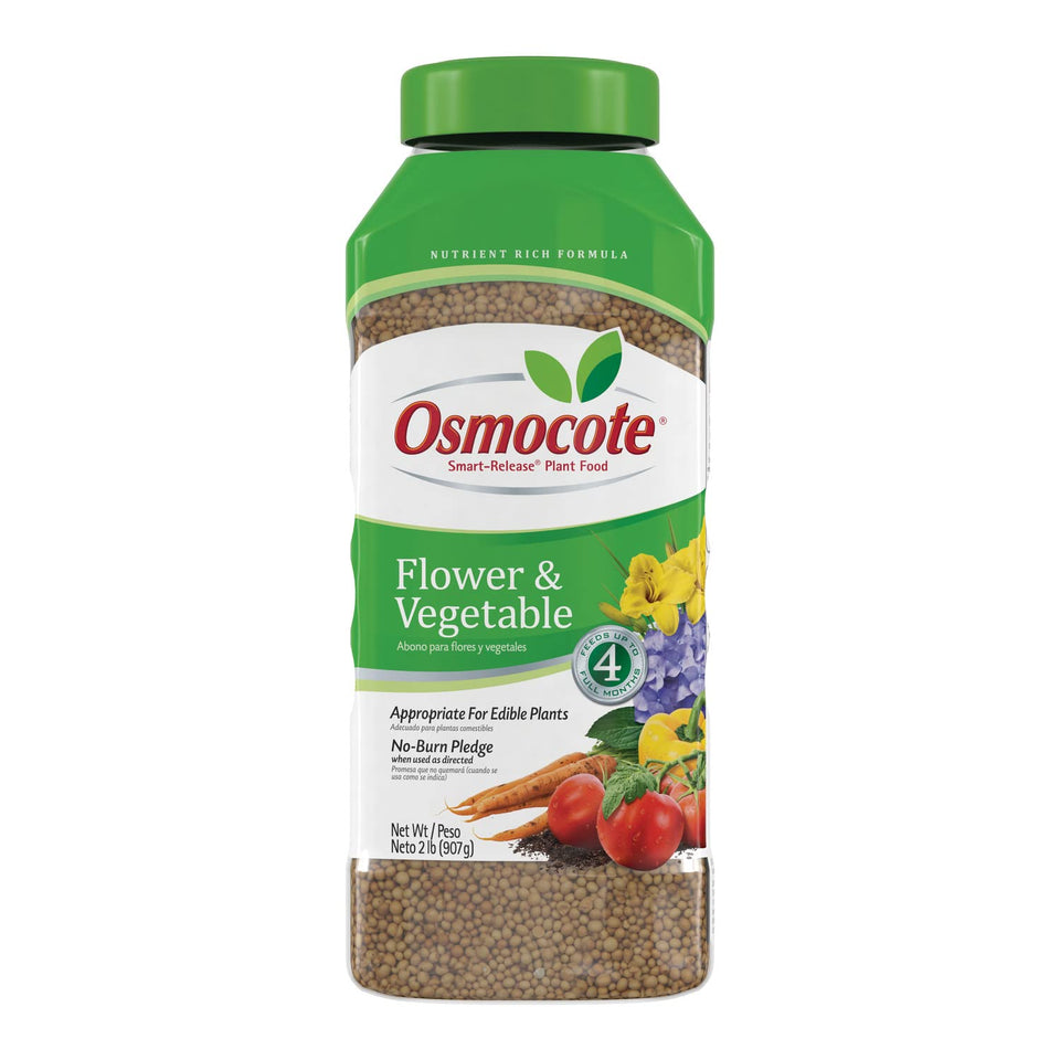 Osmocote Smart-Release bag labeled for vegetables and flowers, long-lasting feeding.