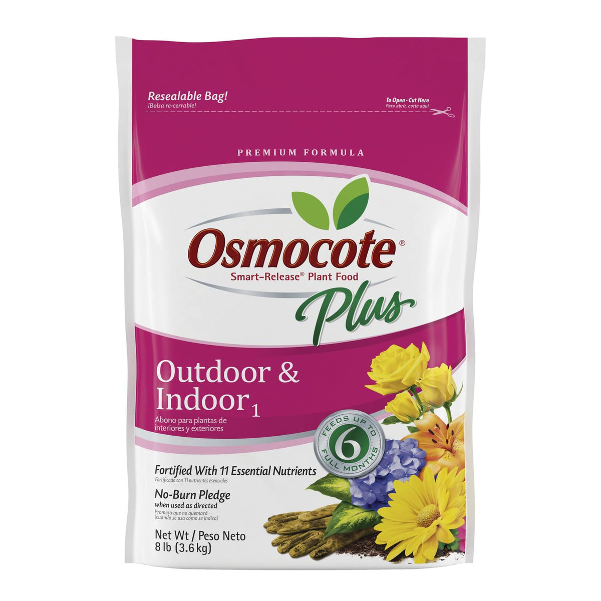 Osmocote Smart-Release plant food granules in a container for indoor and outdoor use, ready to feed plants.