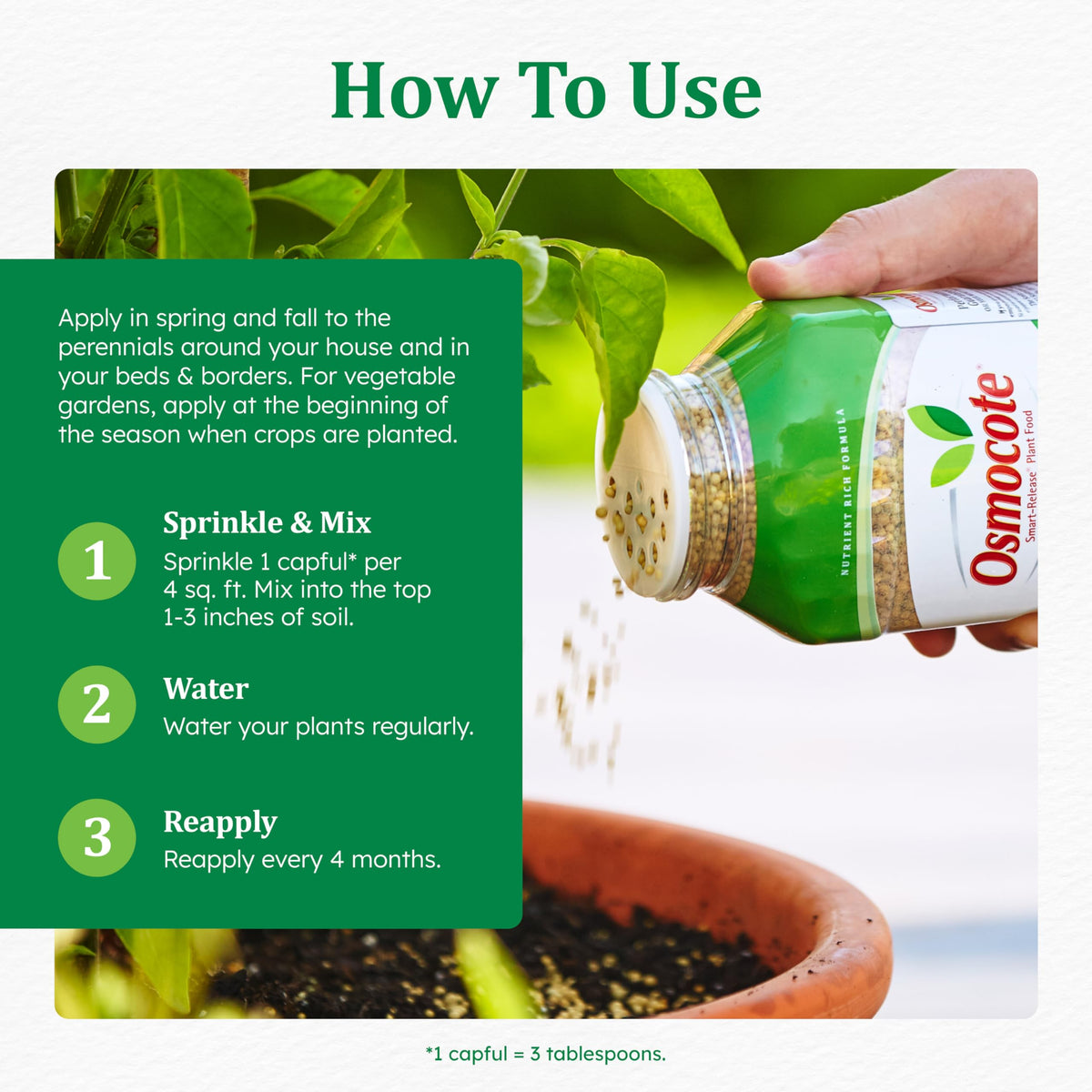 Osmocote granules around a raised bed for steady nutrition.