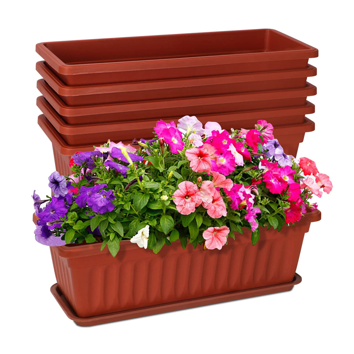 OSMOFUZE brick-red window box planter with tray on a sunny balcony.
