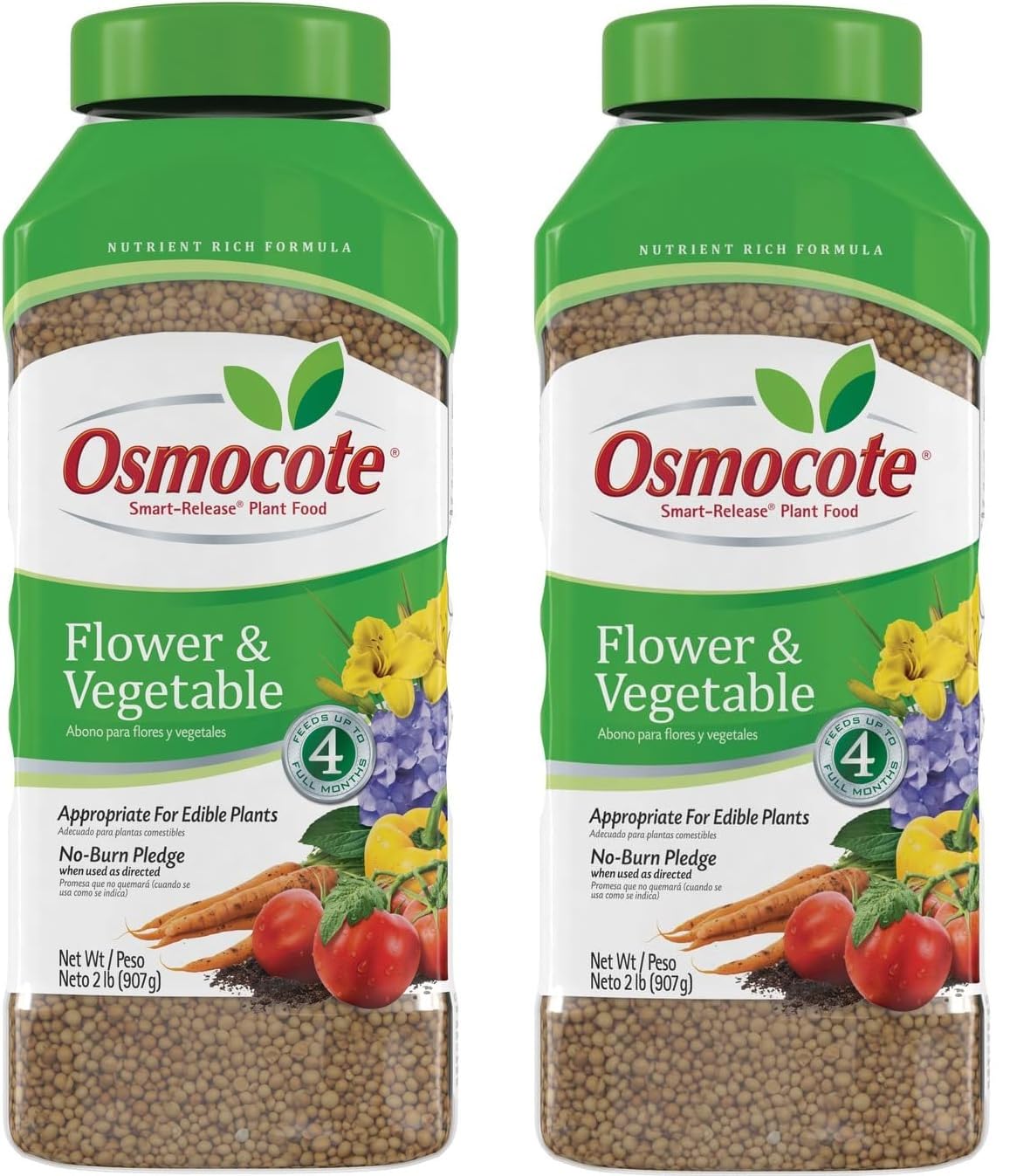 Osmocote 4-month release plant food canister supports steady growth for vegetables and flowers.