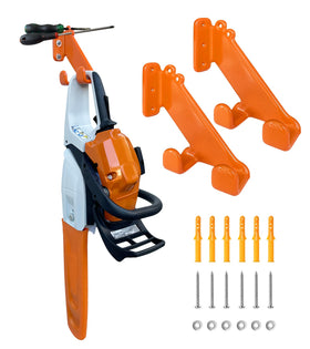 OSROENE Chainsaw Hanger two-pack mounted on wall showing horizontal and vertical hanging