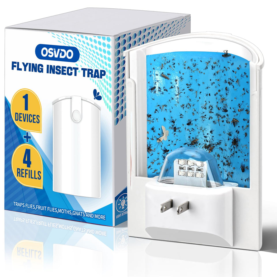 OSVDO blue UV insect trap front view catching gnats and fruit flies.