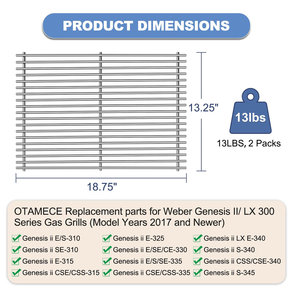 OTAMECE grill grate closeup shows 7mm thick stainless steel construction