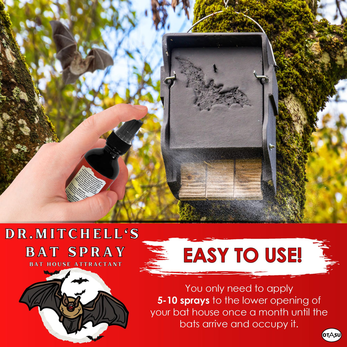 Bat house setup scene with OTASU spray ready to invite bats to roost