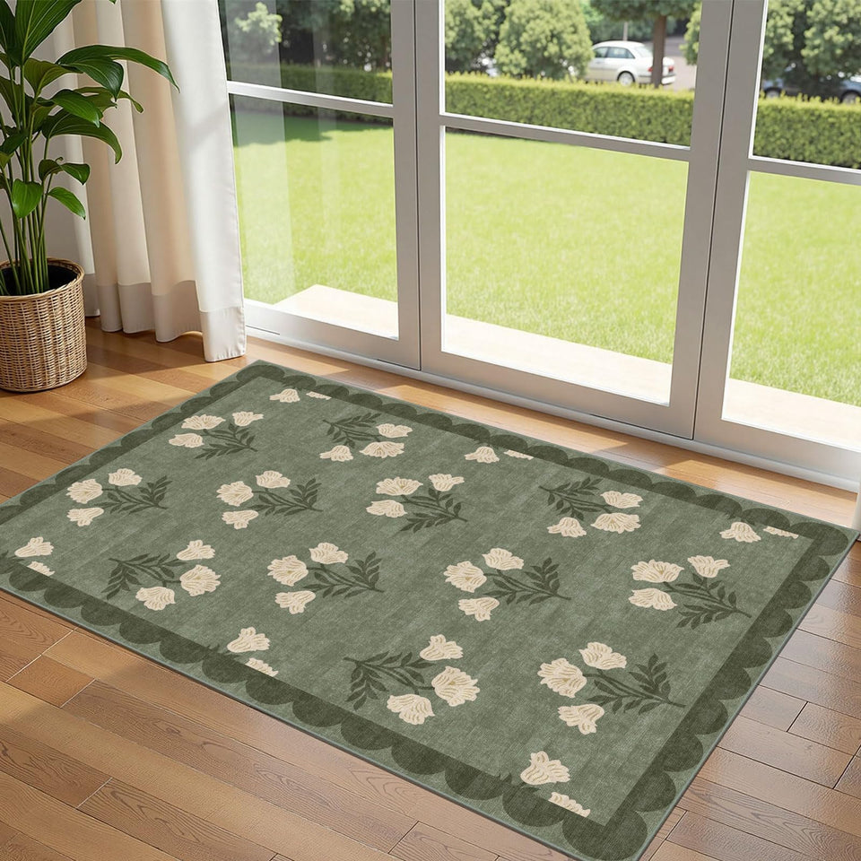 Othilic 3x5 floral entry rug in sage green for the front door; easy cleaning and style.