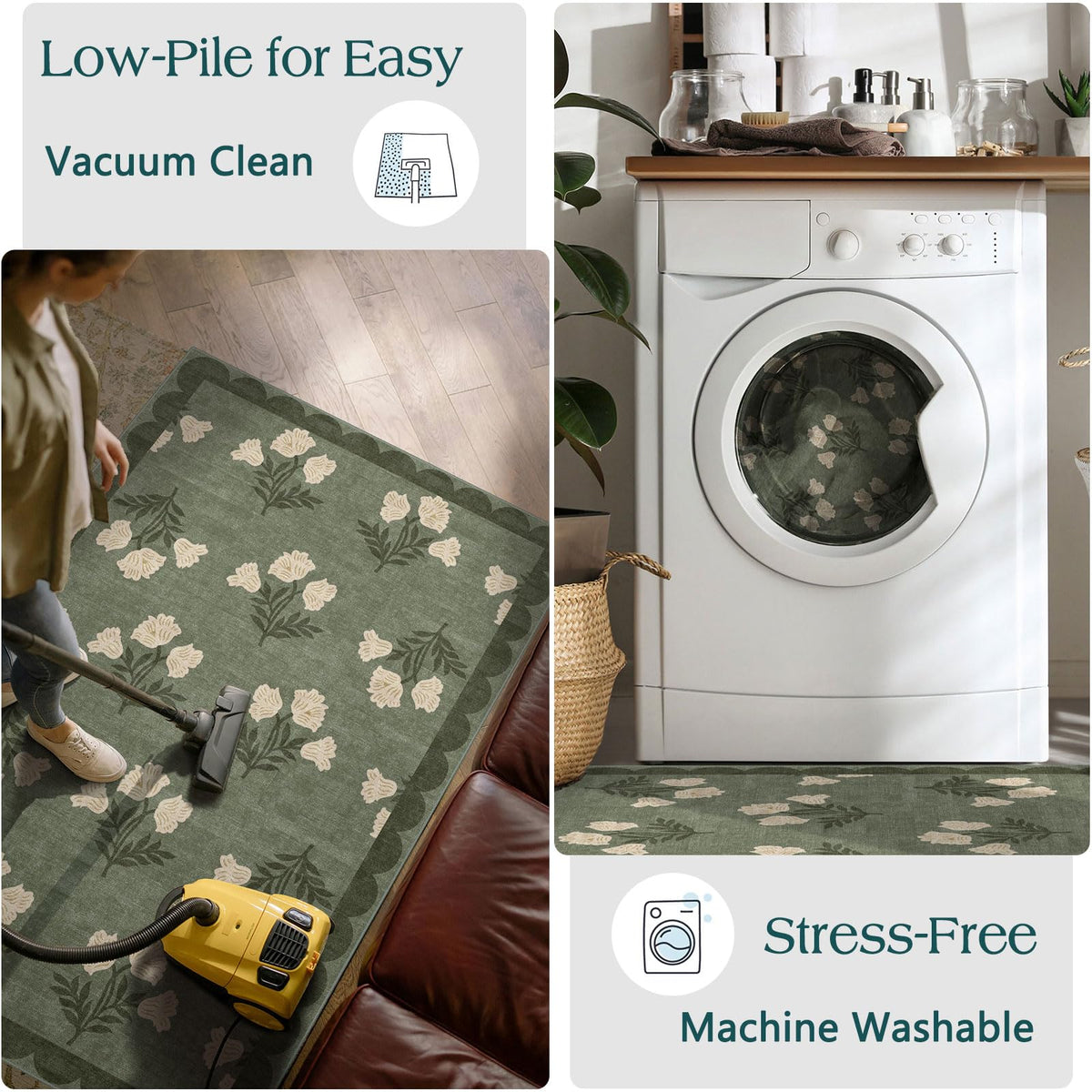 Othilic sage green farmhouse rug fits kitchen or living space with timeless charm.