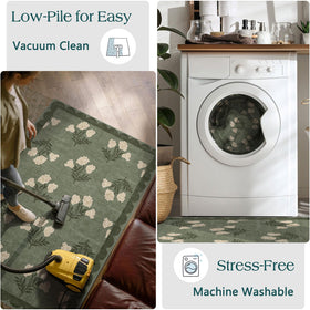 Othilic sage green farmhouse rug fits kitchen or living space with timeless charm.