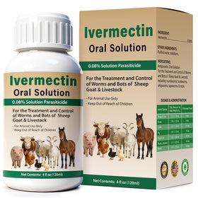 OthoKing ivermectin liquid bottle for easy deworming on sheep, goats, and poultry.