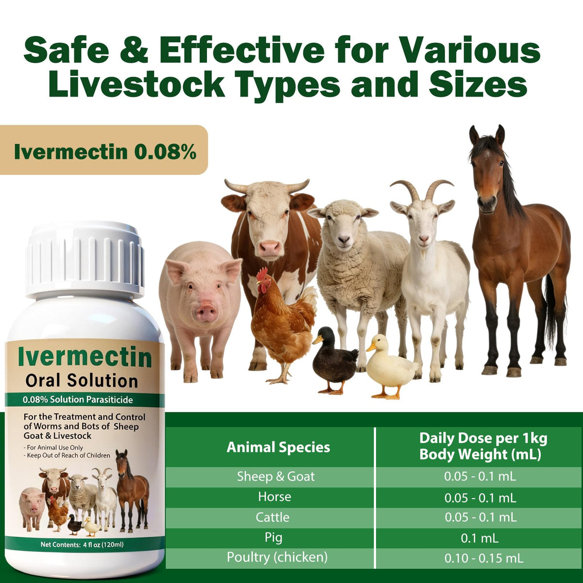 OthoKing ivermectin liquid pouring demonstrates quick, convenient administration without mixing with feed or water.