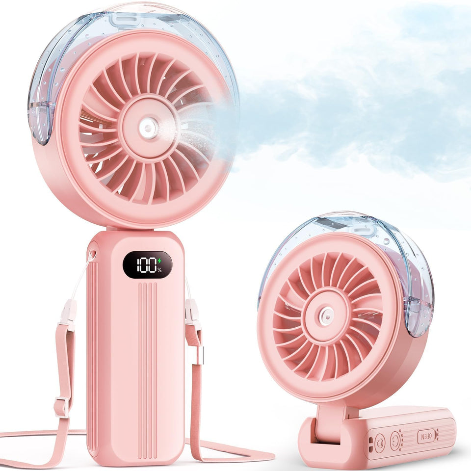 Otlonpe handheld misting fan battery status shows power for all-day cooling.