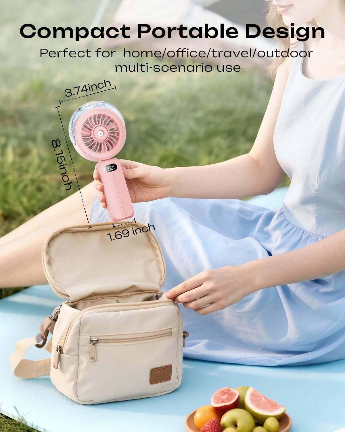 Otlonpe handheld misting fan includes lanyard for hands-free cooling.