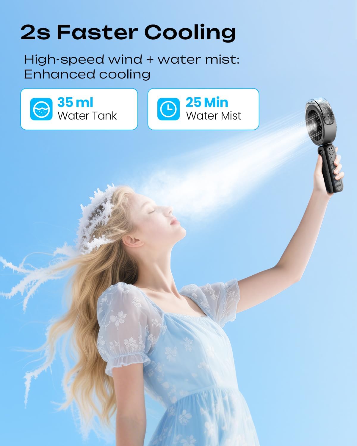 Otlonpe misting fan with 4-speed airflow for customizable cooling.