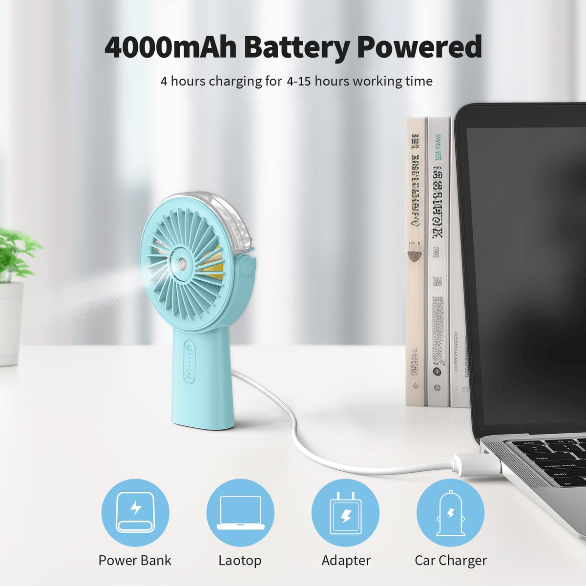 Otlonpe Misting Fan 4000mAh battery powers long outdoor sessions