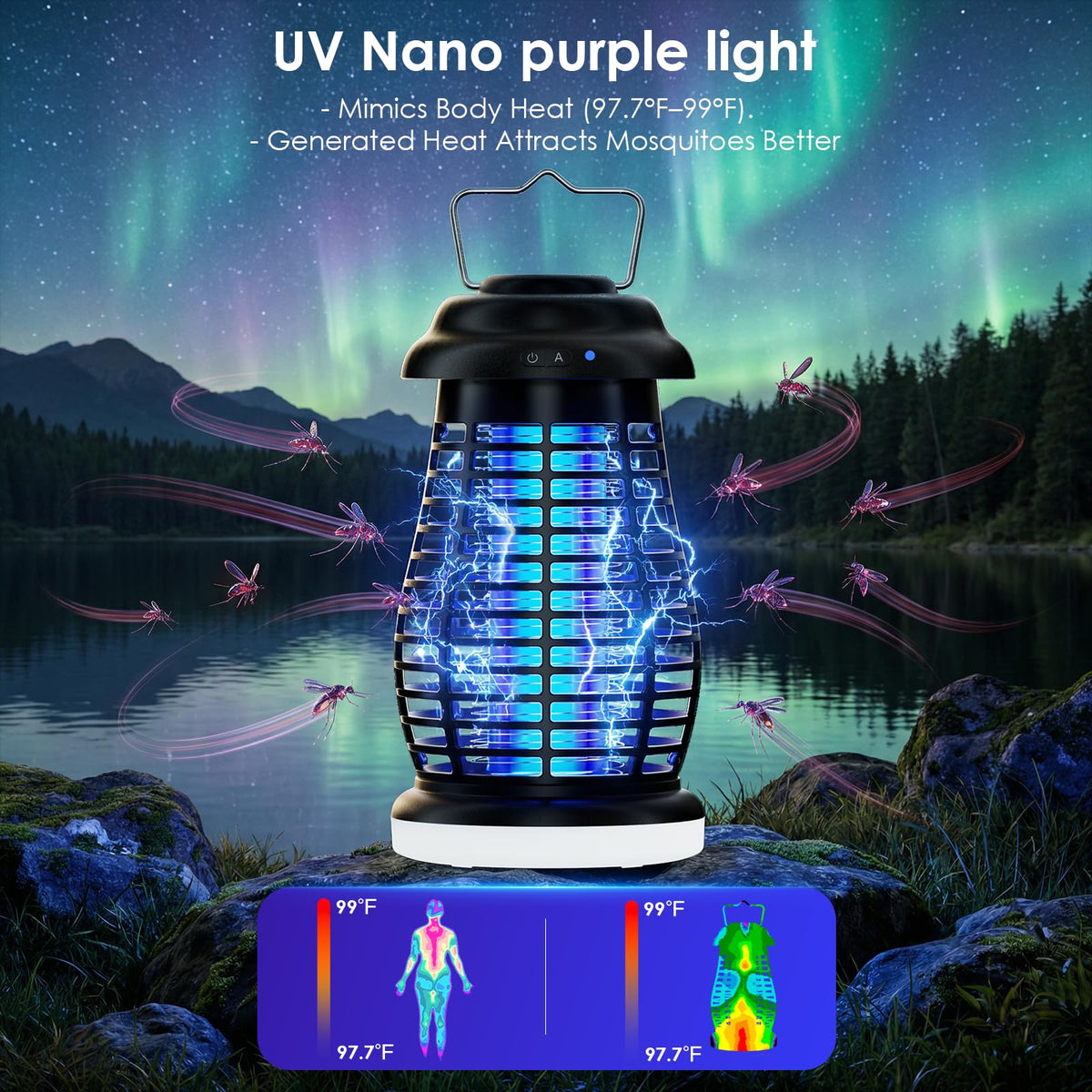 Otlotrte bug zapper features a smart light sensing chip for auto operation at dusk.