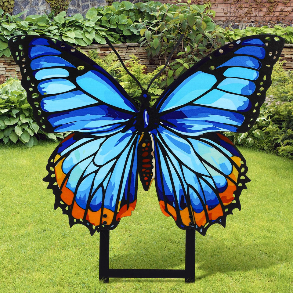 Otoolling blue butterfly garden stake with vibrant cutouts boosts outdoor curb appeal.