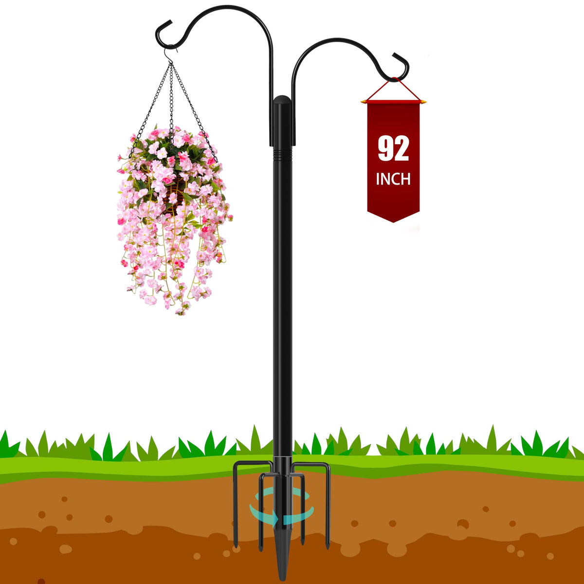 Ottsuls double shepherd hooks in an outdoor garden setup showing sturdy two-arm design.