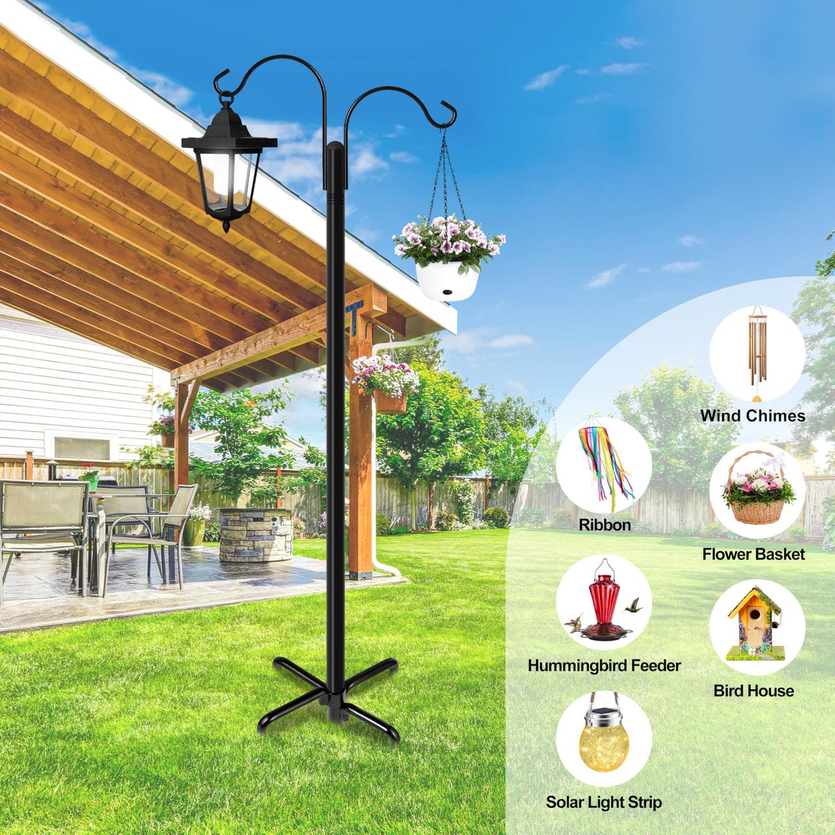 Ottsuls hanging lantern and basket arrangement on outdoor hook.