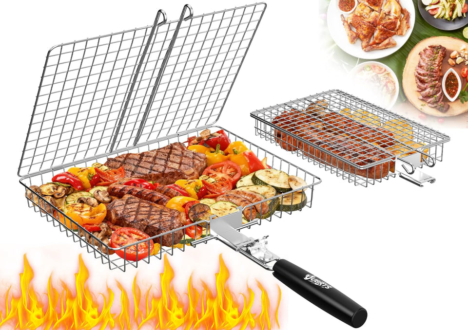 OUBRTS large grill basket ready for even searing of steaks and fish.